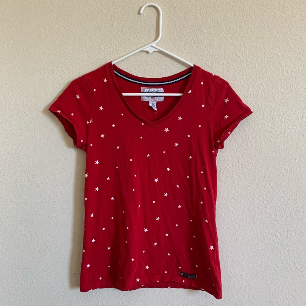US Polo Assn. Red V-neck T-shirt with white stars